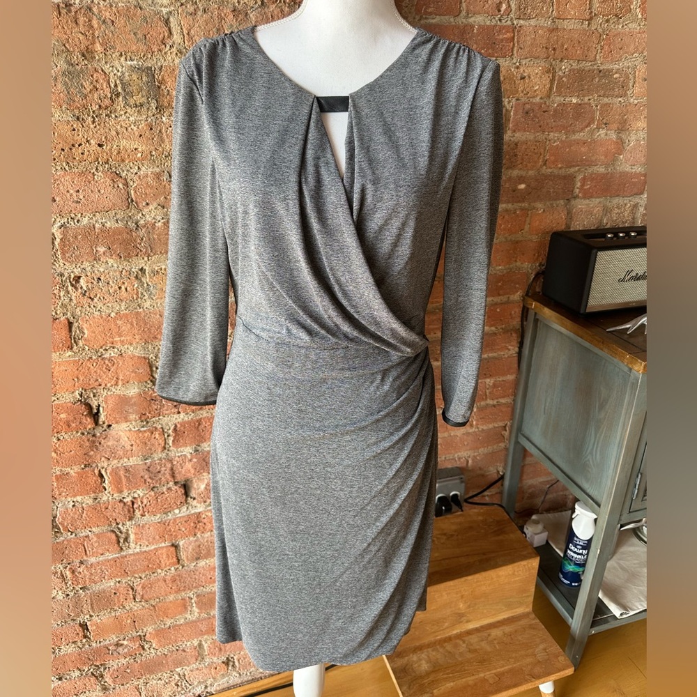 Karen Mullen Sz 8 gray marbled dress with black faux leather detail.